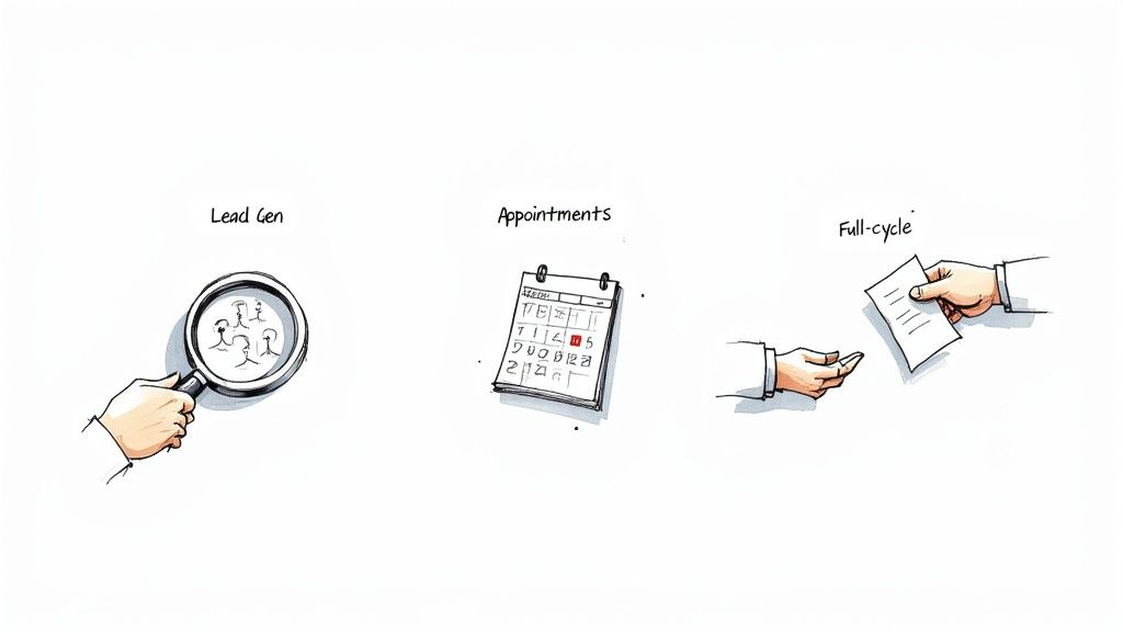 Illustration of three sales services: lead generation, appointments, and full-cycle sales.