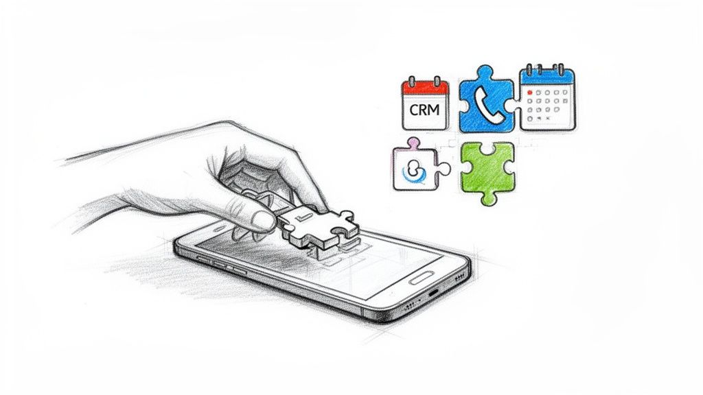 A hand connects a puzzle piece to a smartphone, with other app-like puzzle pieces nearby, symbolizing integration.