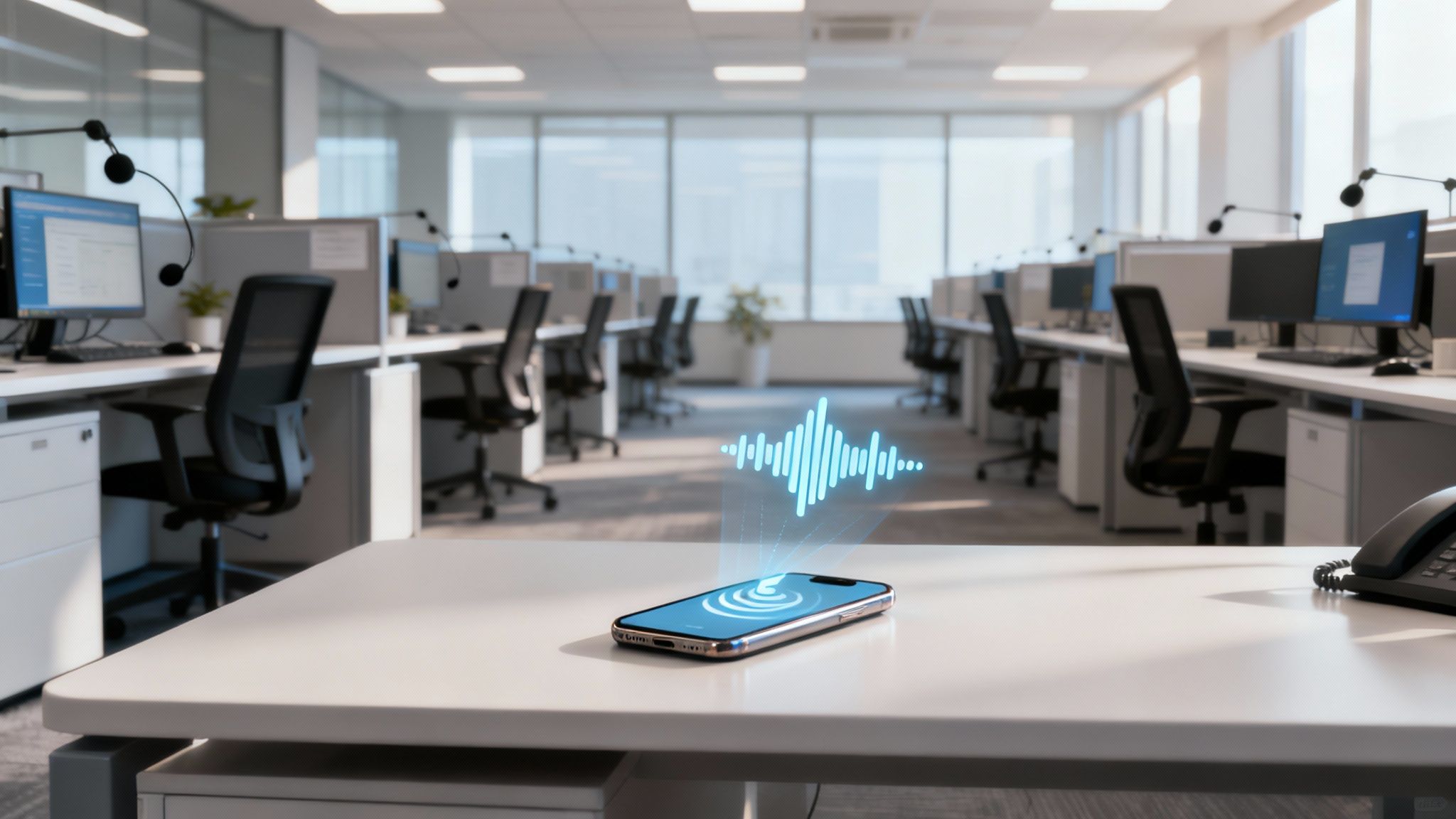 A person speaking into a headset, representing human-like AI voice agents in a business context.