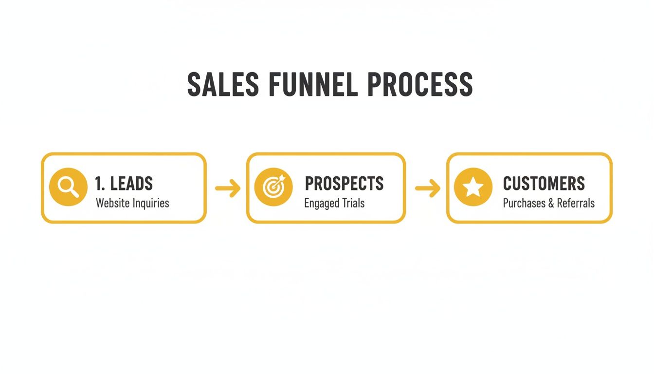 A diagram illustrating the sales funnel process with leads, prospects, and customers stages.