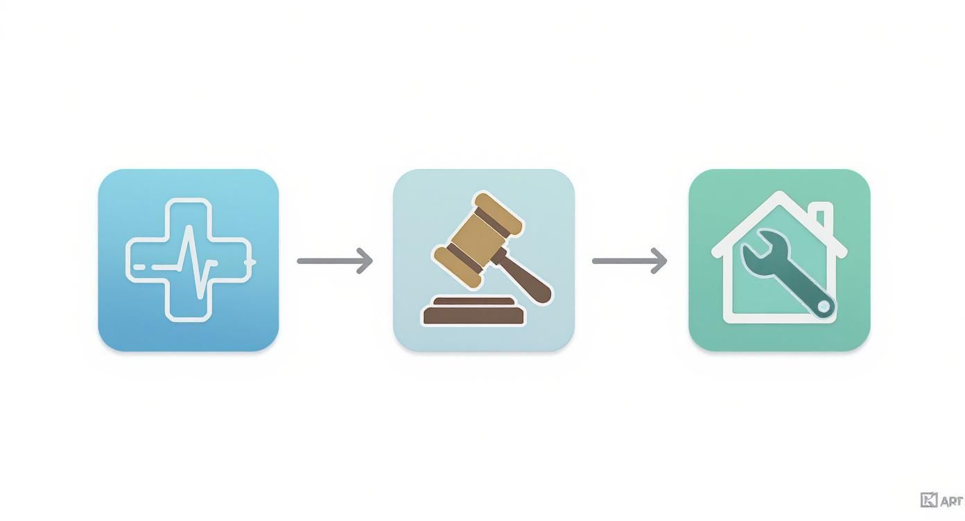 Infographic showing process flow for AI receptionist use in Medical, Legal, and Home Services industries.