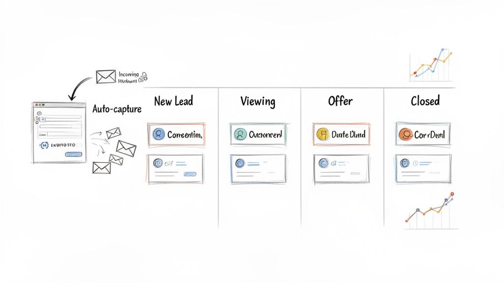 CRM lead management pipeline showing stages from auto-capture to closed deals with performance charts.
