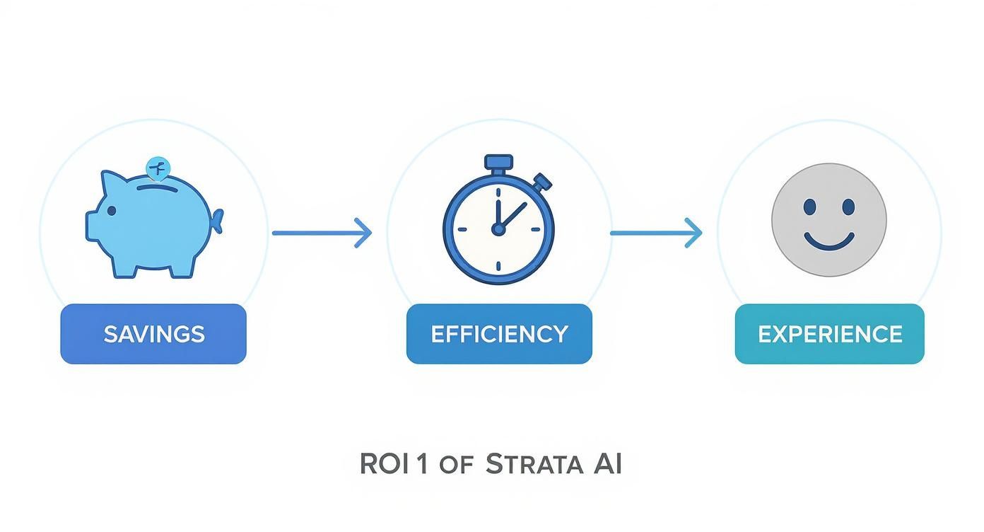 Diagram illustrating Strata AI's ROI, showing a flow from savings and efficiency to improved experience.