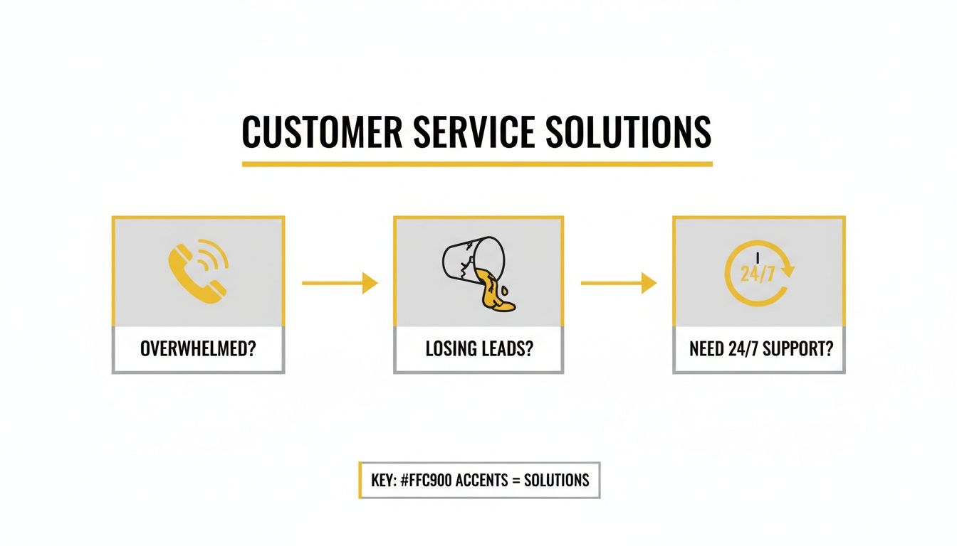 Flowchart illustrating customer service solutions for being overwhelmed, losing leads, and needing 24/7 support.