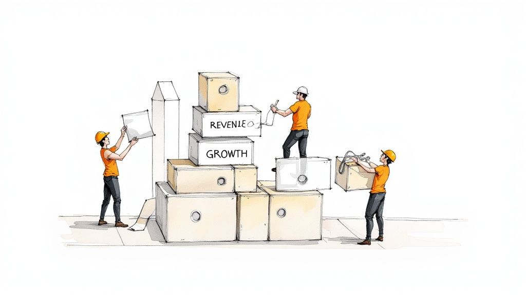 Construction workers build structures from boxes, representing business growth and revenue generation.