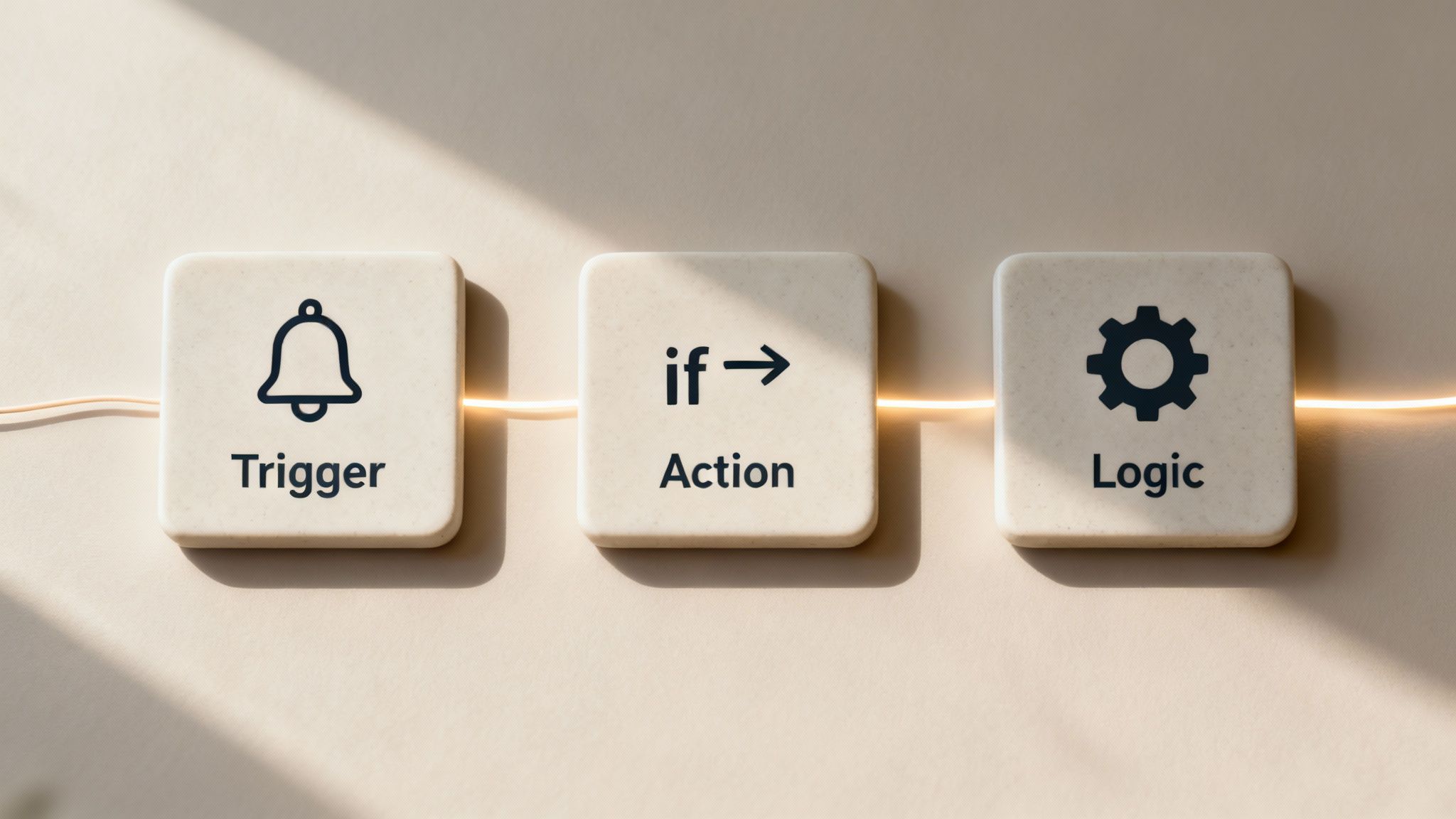 Three connected gears labelled Trigger, Action, and Logic, representing the components of an automated workflow.