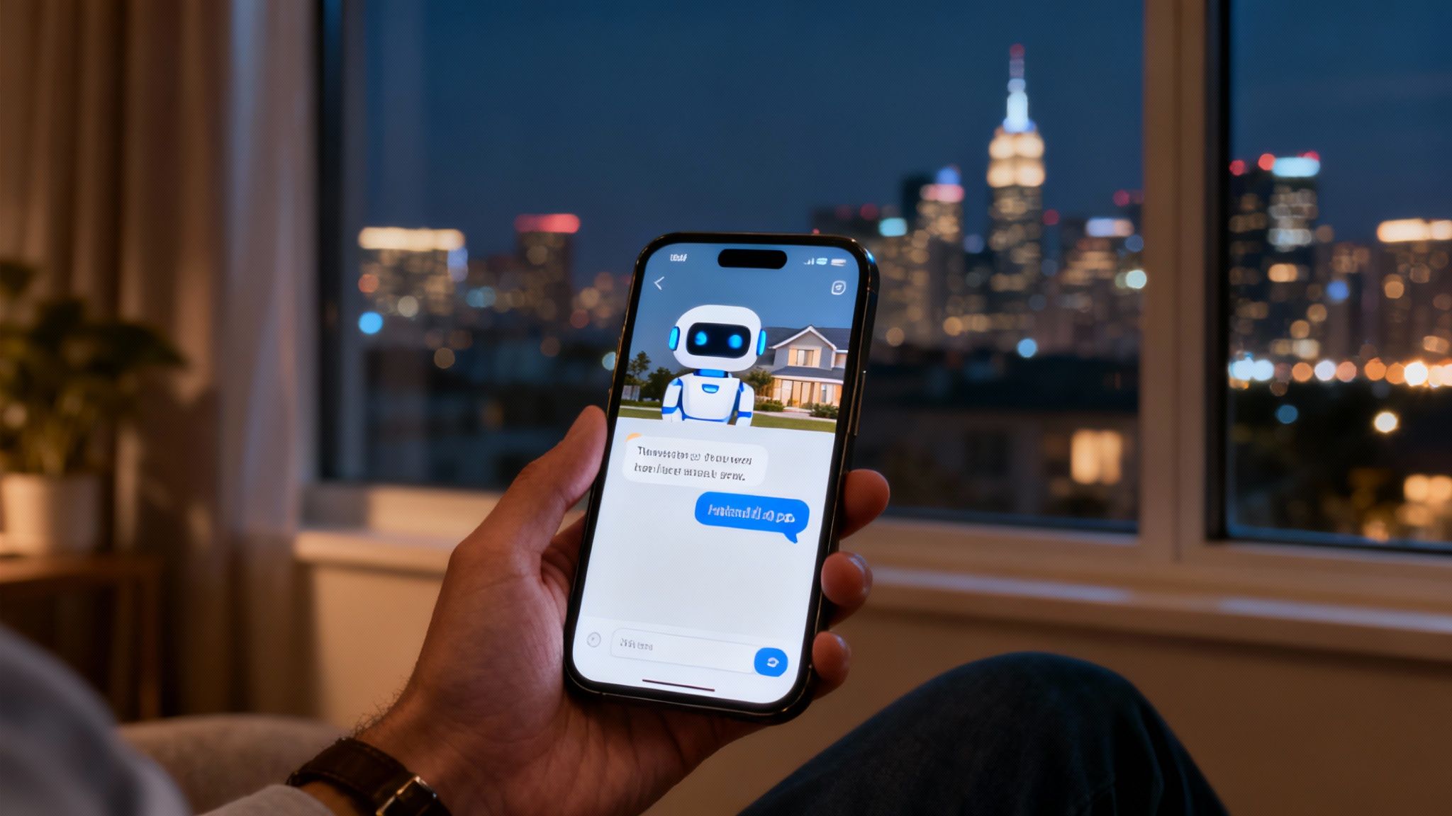 A sleek AI chatbot interface on a smartphone screen, showing a conversation with a potential home buyer late at night.