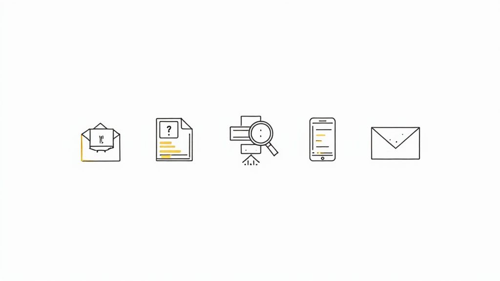Five line-art icons: an open letter, document with question mark, printer, smartphone, and closed envelope.