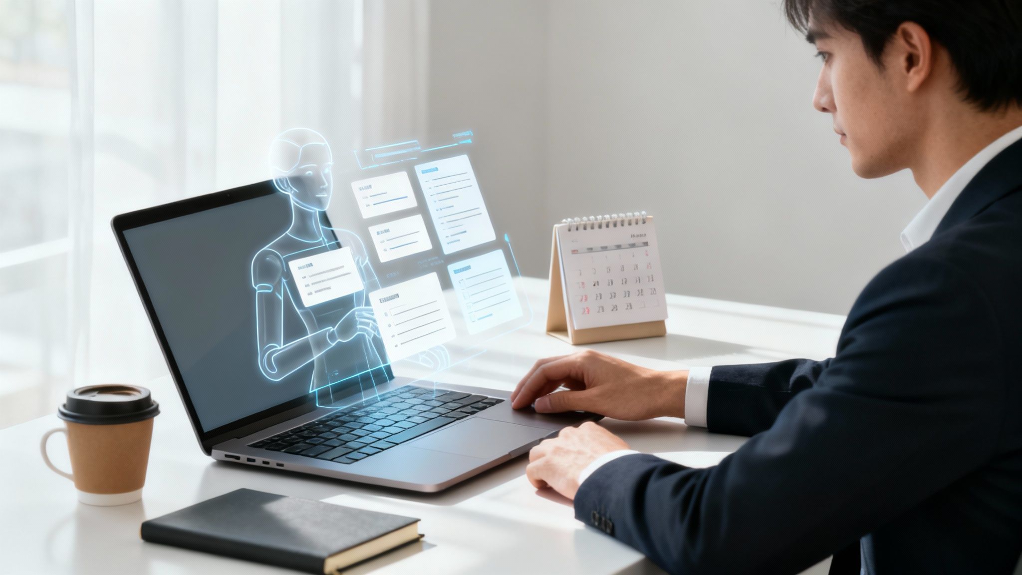 A professional interacting with an AI assistant on a digital interface, symbolizing seamless integration into their workflow.