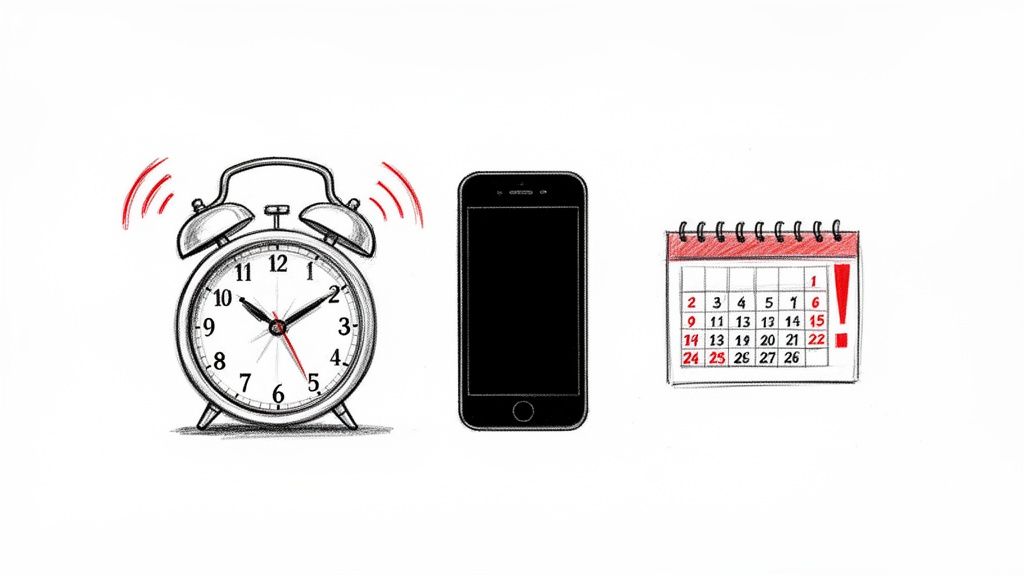 A ringing alarm clock, a black smartphone, and a calendar with important dates marked.