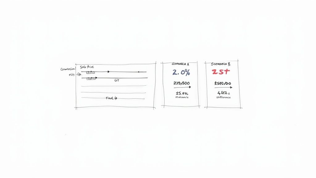 Hand-drawn sketch illustrating real estate commission calculations with two scenarios, including percentages and monetary figures.