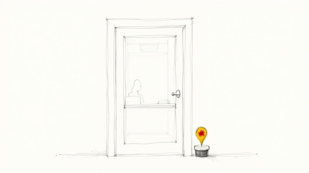 Hand-drawn image of a person at a desk behind a door, with a red virus warning symbol outside.