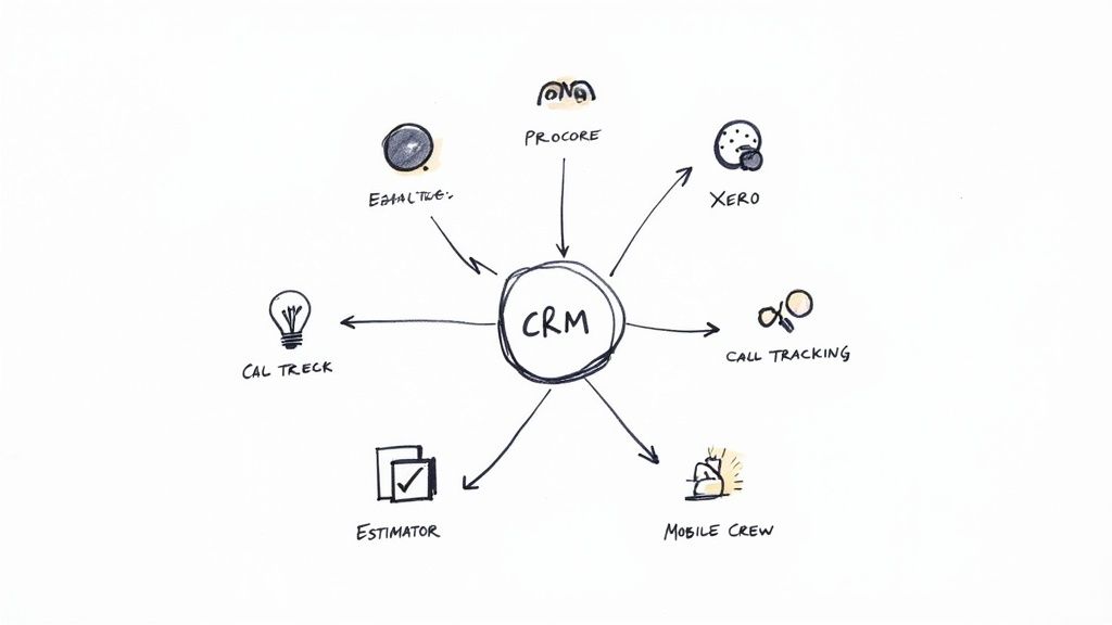 A hand-drawn diagram illustrates a central CRM system integrating with various construction industry tools.