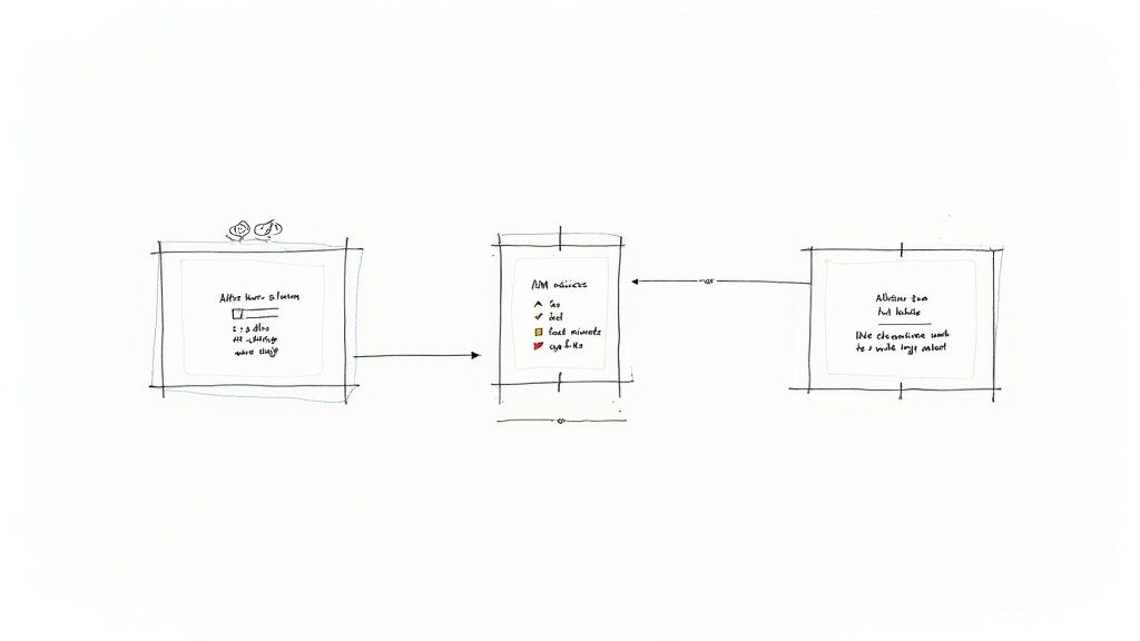 A hand-drawn workflow diagram illustrating a three-step conceptual process with text and symbols in each box.