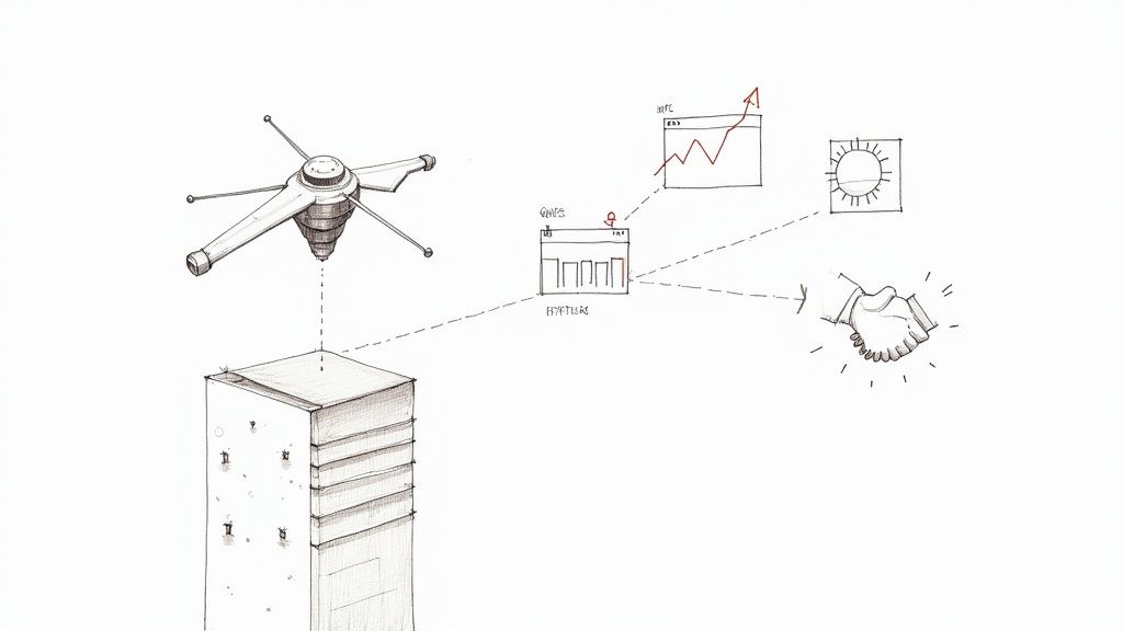 A sketch illustrating a drone collecting data from a building, leading to various information displays and a handshake.