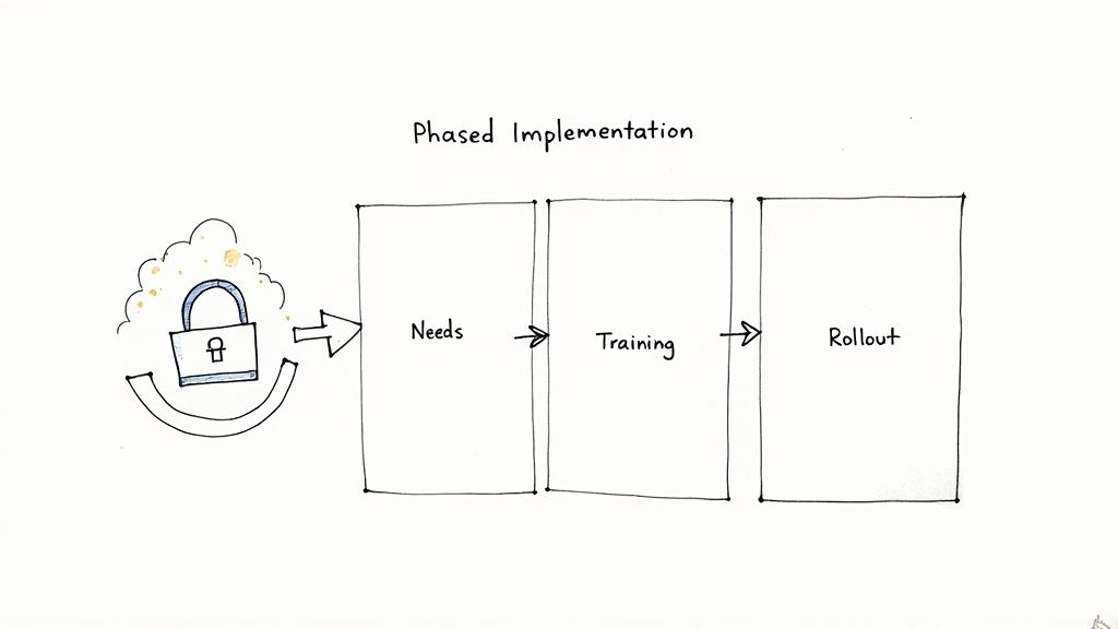A hand-drawn diagram illustrating 'Phased Implementation' with stages: Security, Needs, Training, and Rollout.