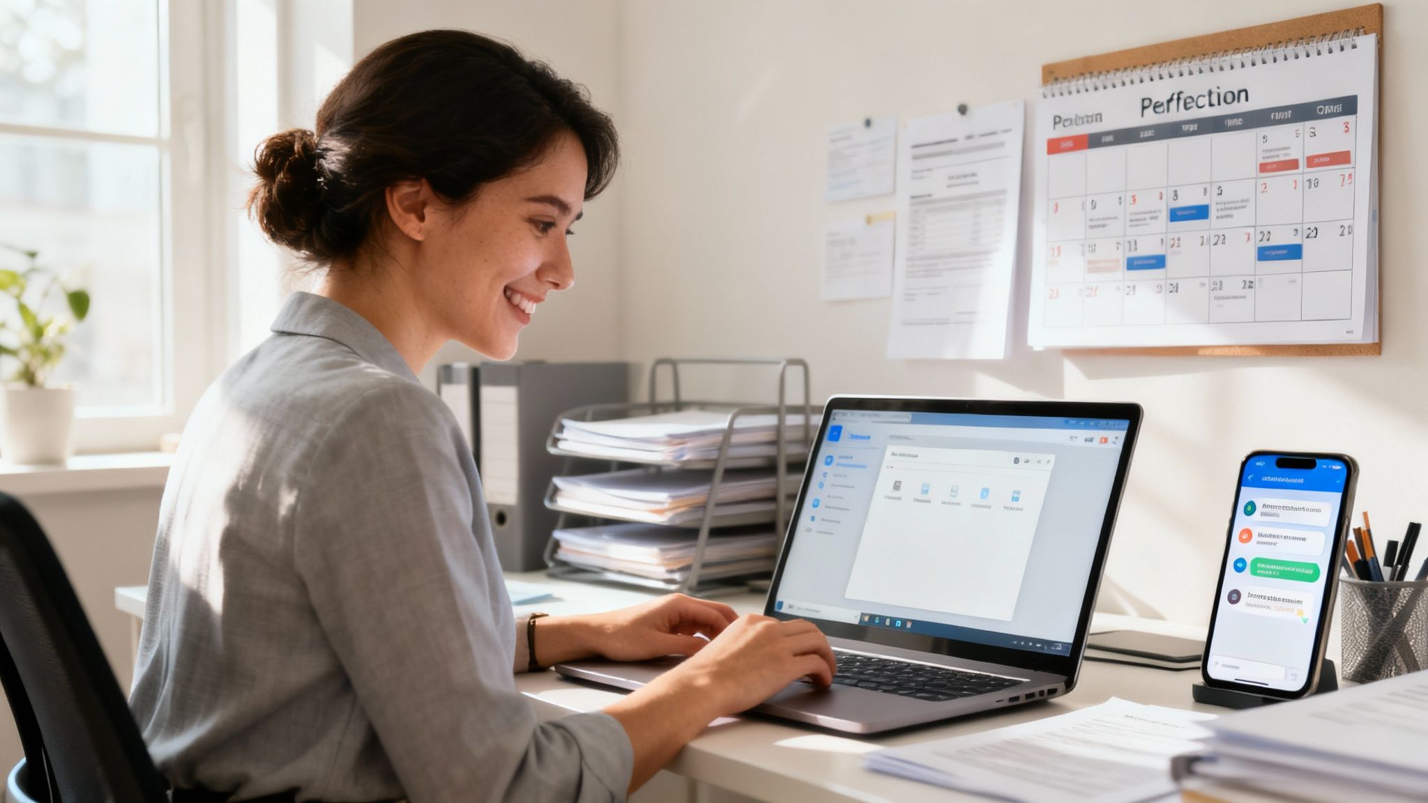 A professional working at a desk with charts and graphs in the background, showing business growth and efficiency gains from using an AI assistant.