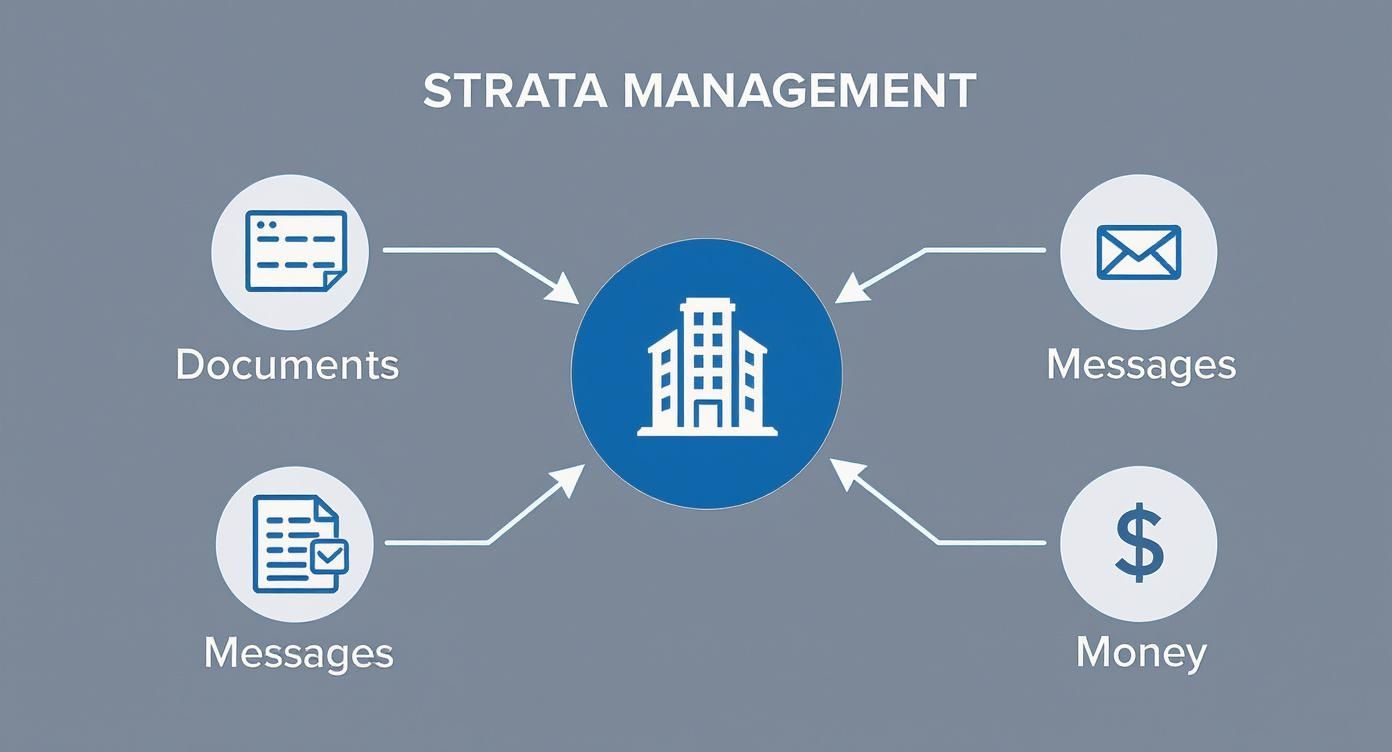 Diagram illustrating Strata Management at the center, connecting to documents, messages, and money.