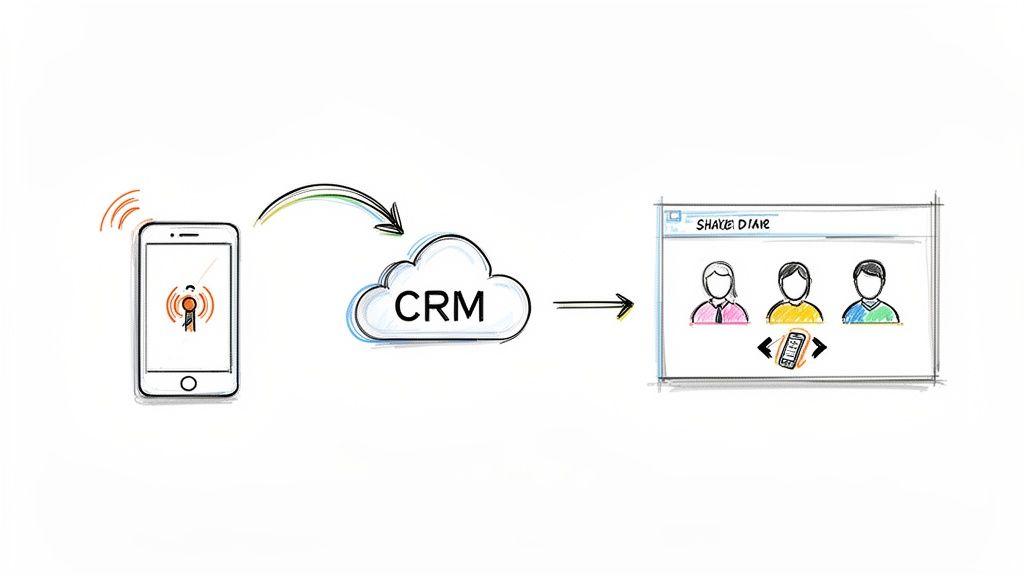 A smartphone transmits data to a CRM cloud, which then updates a shared user interface with multiple profiles.