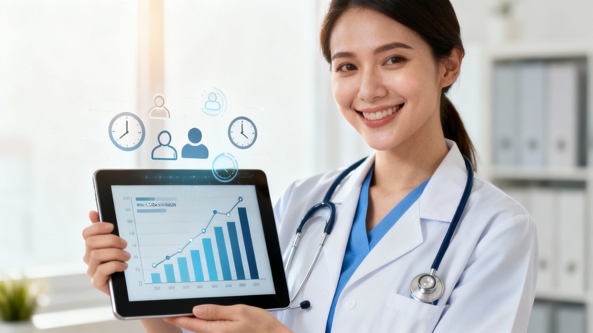 A medical professional reviewing patient satisfaction data on a tablet.