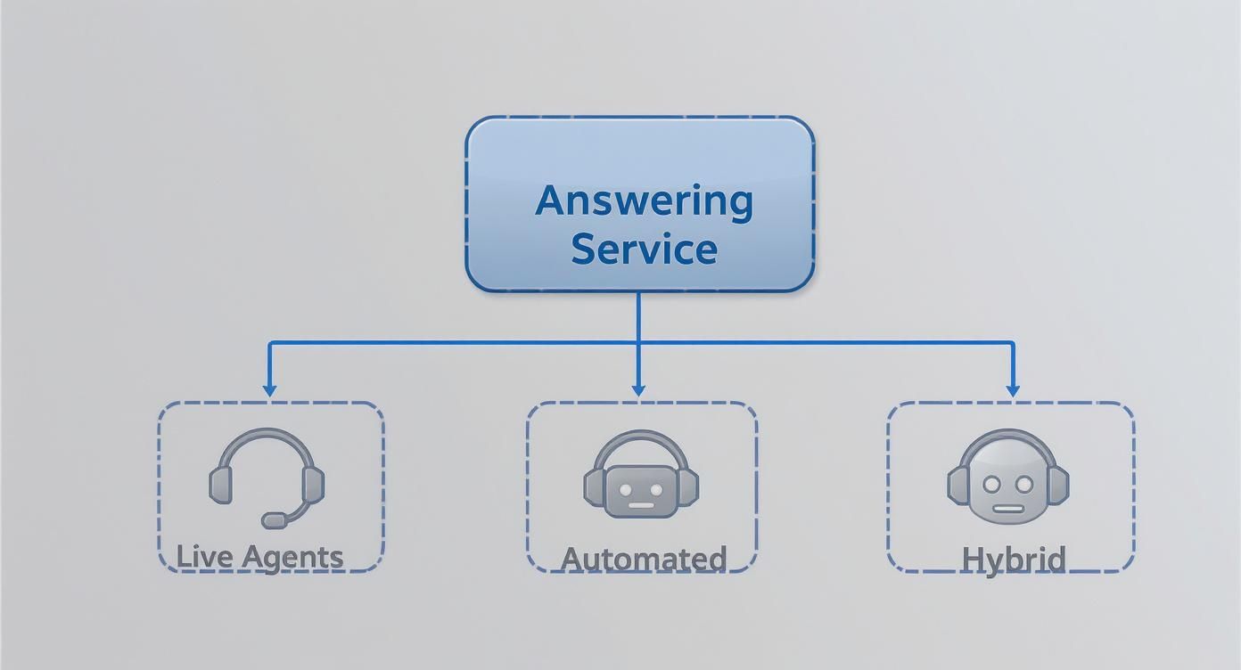 Flowchart showing answering service types: live agents, automated system, and hybrid solution options