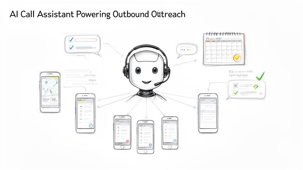 An AI call assistant robot manages outbound outreach across multiple mobile phones and schedules.