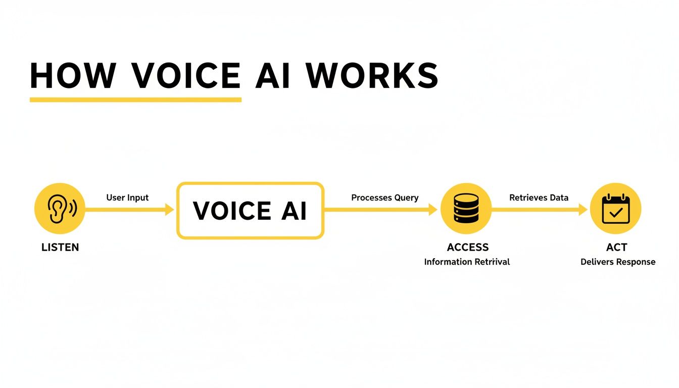 A flowchart illustrates how Voice AI works, from user input to delivering a response.