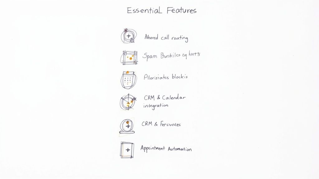 Essential features list for phone answering service including call routing, spam blocking, and CRM integration