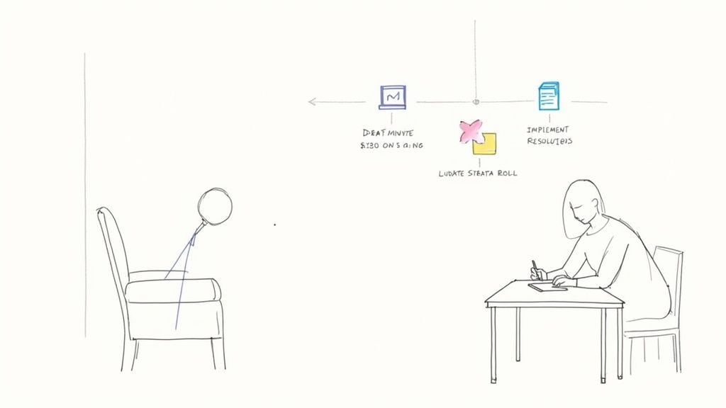 A person drafts documents at a desk next to a strata management process flowchart.