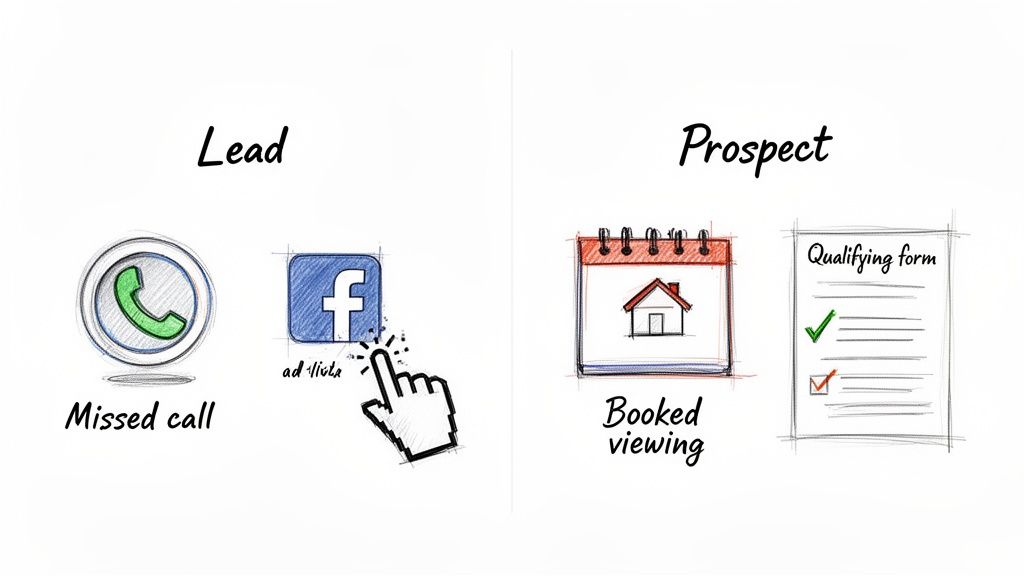A graphic comparing leads (missed call, Facebook ad) and prospects (booked viewing, qualifying form).
