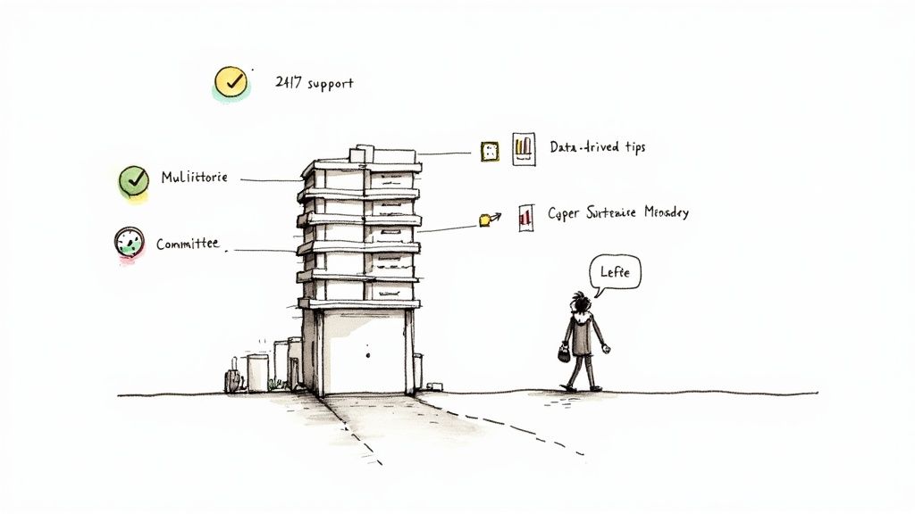 Hand-drawn illustration of a person walking towards a building with various labeled service features like support and data tips.
