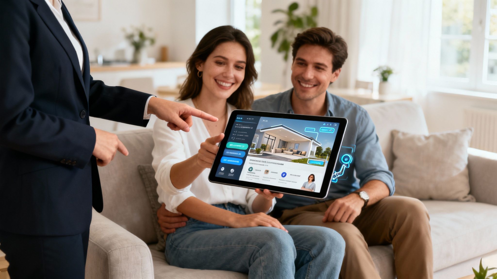 Real estate agent showing clients a property on a tablet