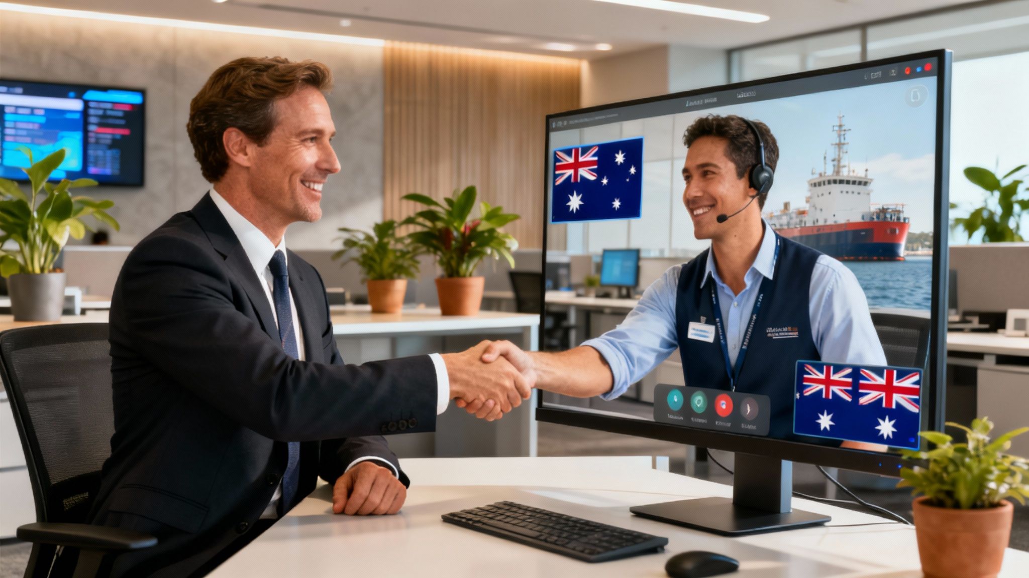 Two professionals shaking hands in a modern office, representing a successful partnership.