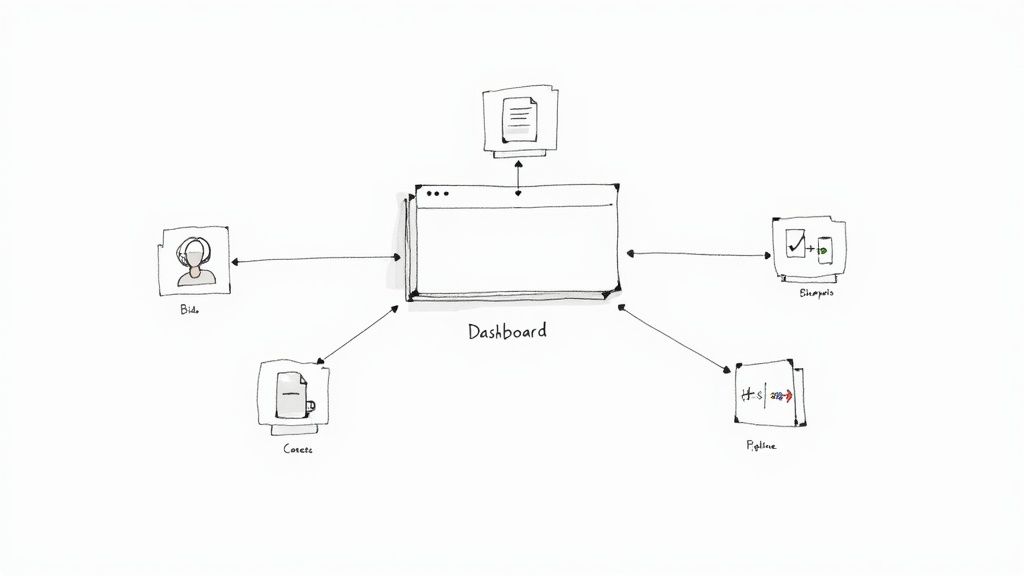 A hand-drawn diagram illustrating a central Dashboard connected to various business modules: Bid, Corete, Sheqpris, and Pipeline.