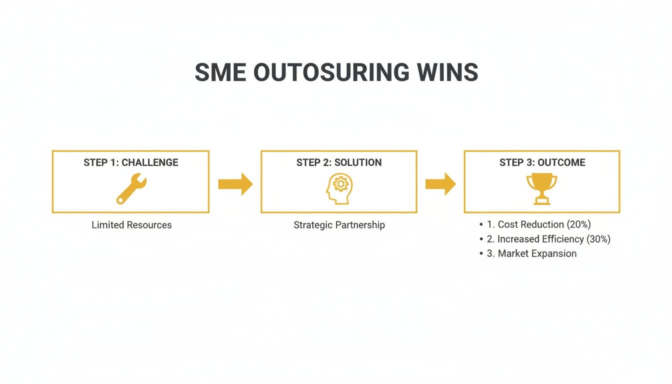 Diagram illustrating SME outsourcing wins, showing challenges, strategic solutions, and positive outcomes.