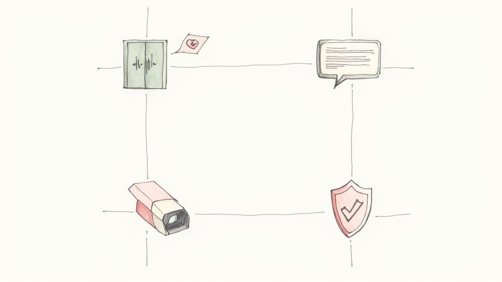 Hand-drawn diagram illustrating communication, surveillance, and security concepts within a structured system.