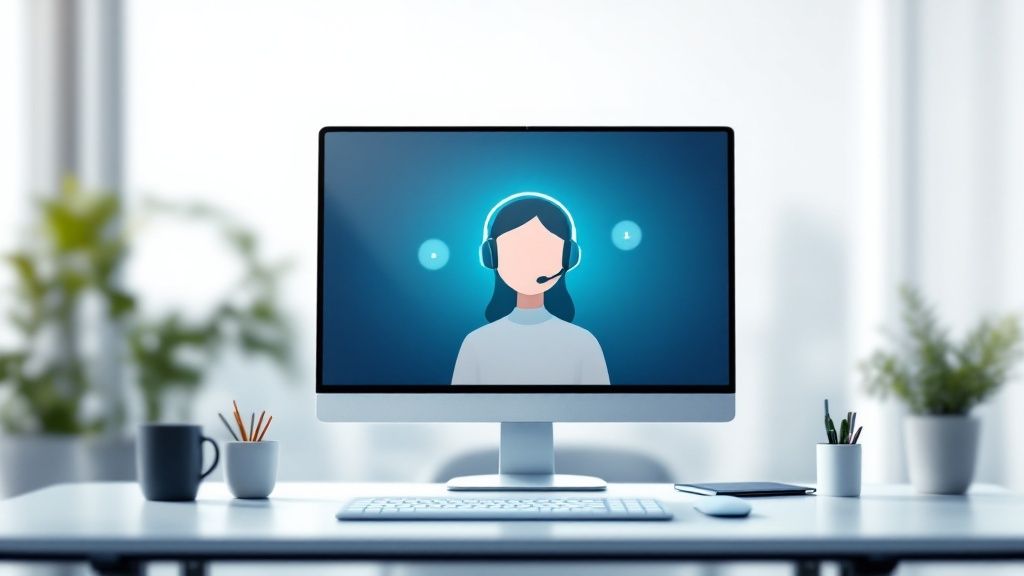 A modern office setting with digital interfaces, symbolising an AI virtual receptionist at work.