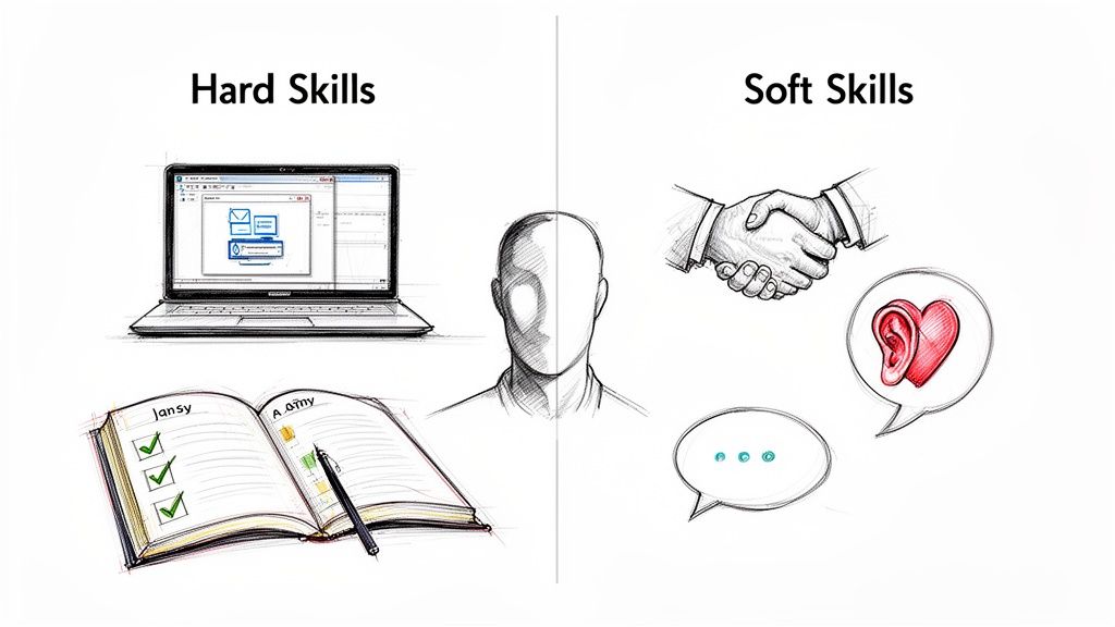 Visual comparison of hard skills (laptop, book) and soft skills (handshake, communication, empathy).