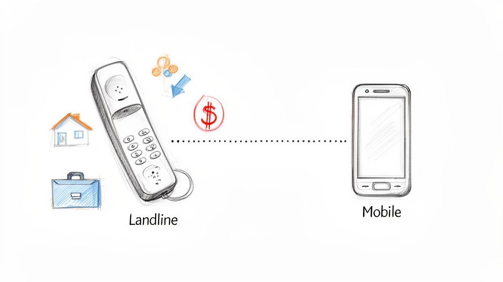 A sketch shows a landline phone connected to a mobile phone, with icons for home, office, and money.