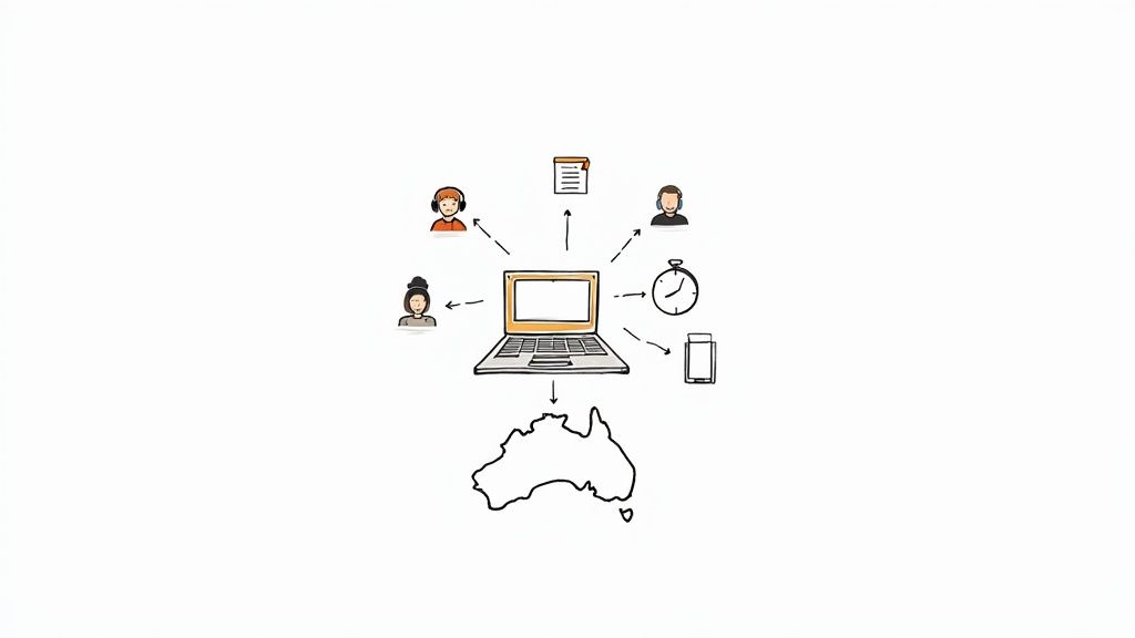 A laptop surrounded by icons representing virtual assistants, documents, and time management, connected to Australia.