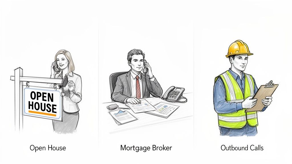 Illustrations of an open house agent, a mortgage broker, and a worker making outbound business calls.