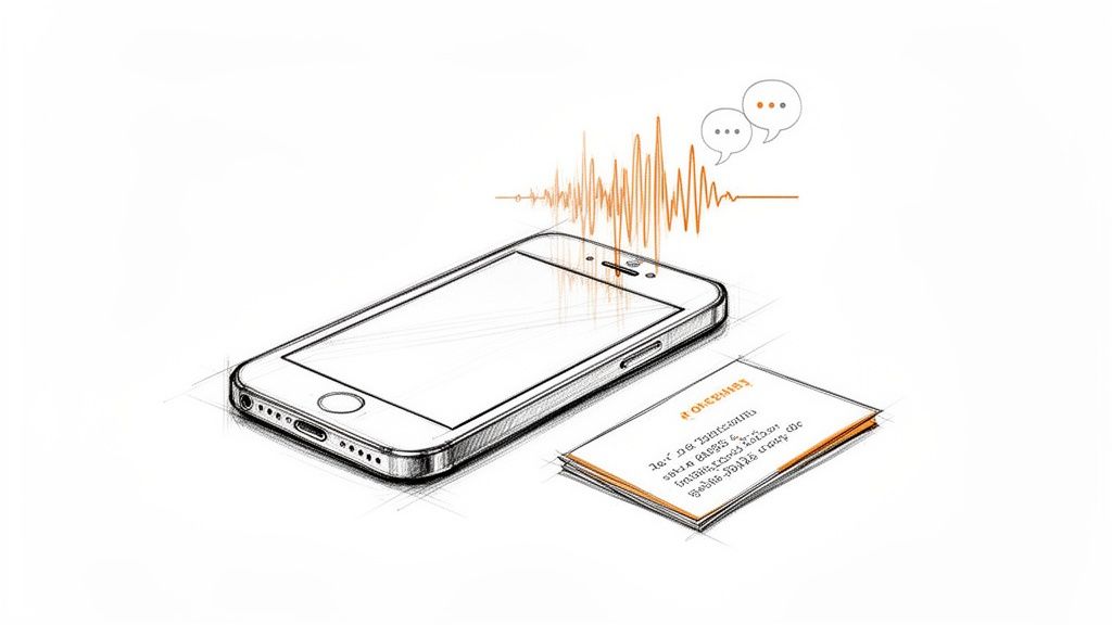 Sketch illustration of a smartphone, sound waves, and speech bubbles, suggesting voice communication.