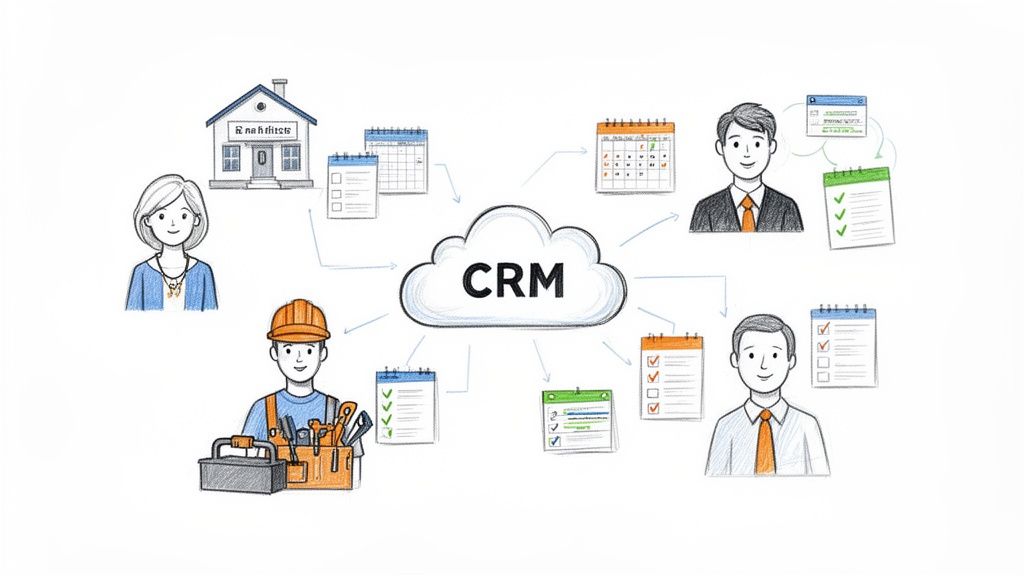CRM cloud connecting diverse users, a house, calendars, and checklists, representing business management.