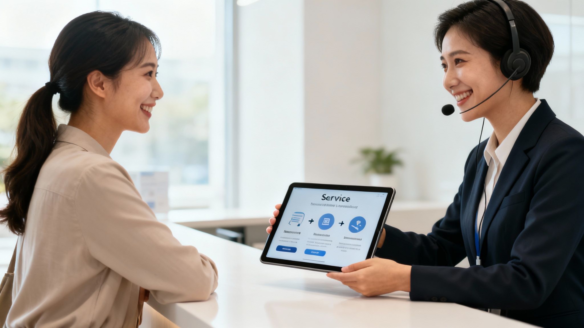 A person smiling while providing excellent customer service over the phone in an office setting.