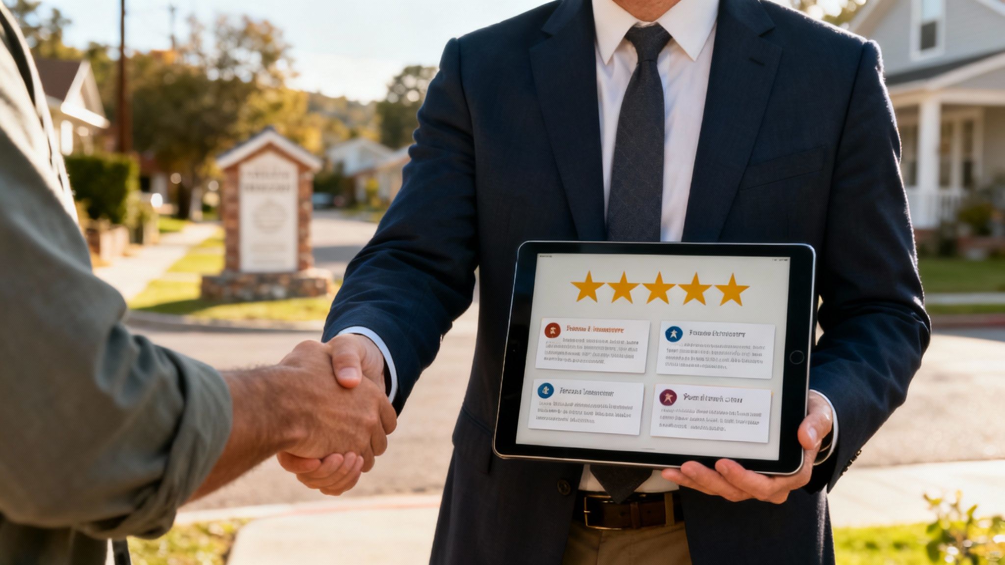 A real estate agent shaking hands with a happy client in front of a house with a 'Sold' sign.