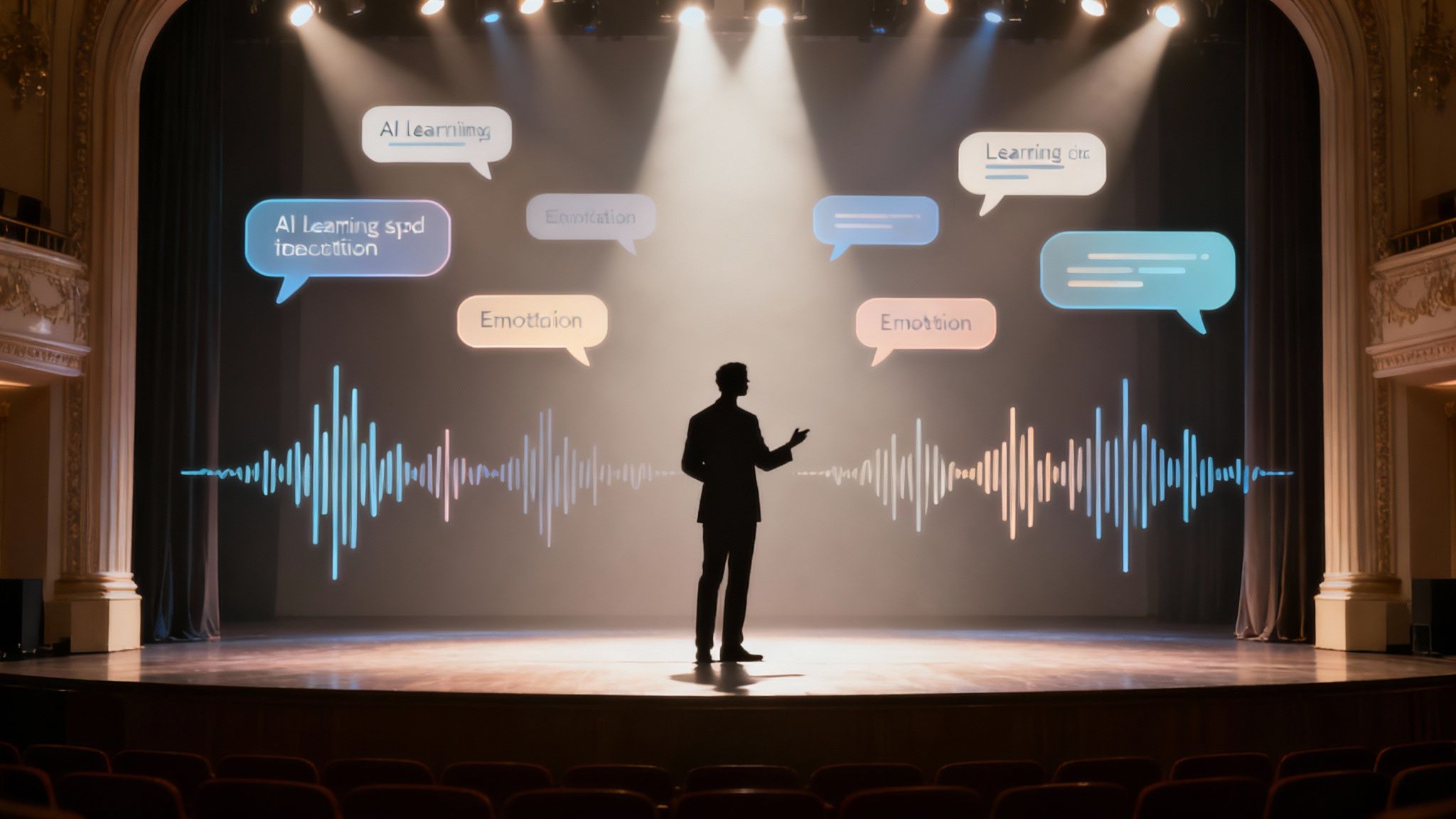 An artistic representation of sound waves transforming into a human face, symbolising how AI learns to speak.