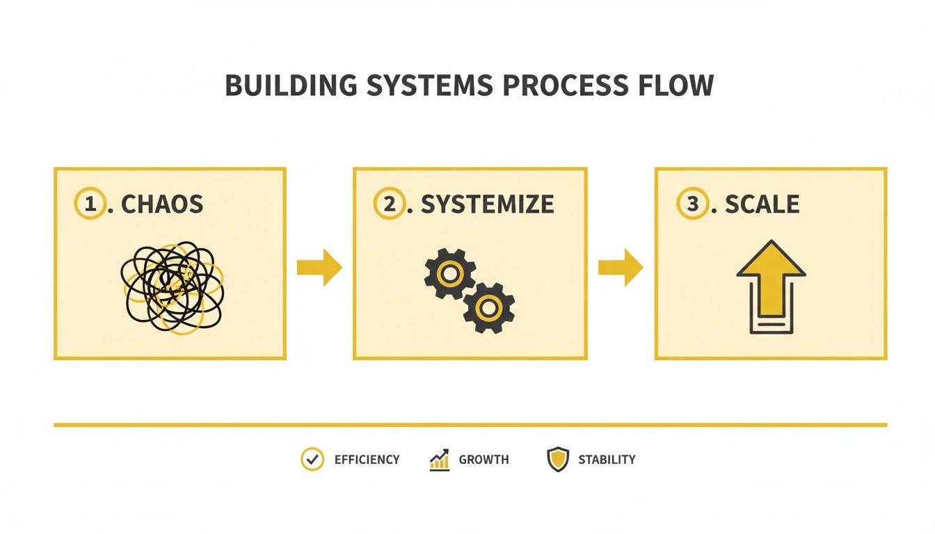 Diagram illustrating a three-step process: Chaos, Systemize, and Scale, leading to efficiency, growth, and stability.