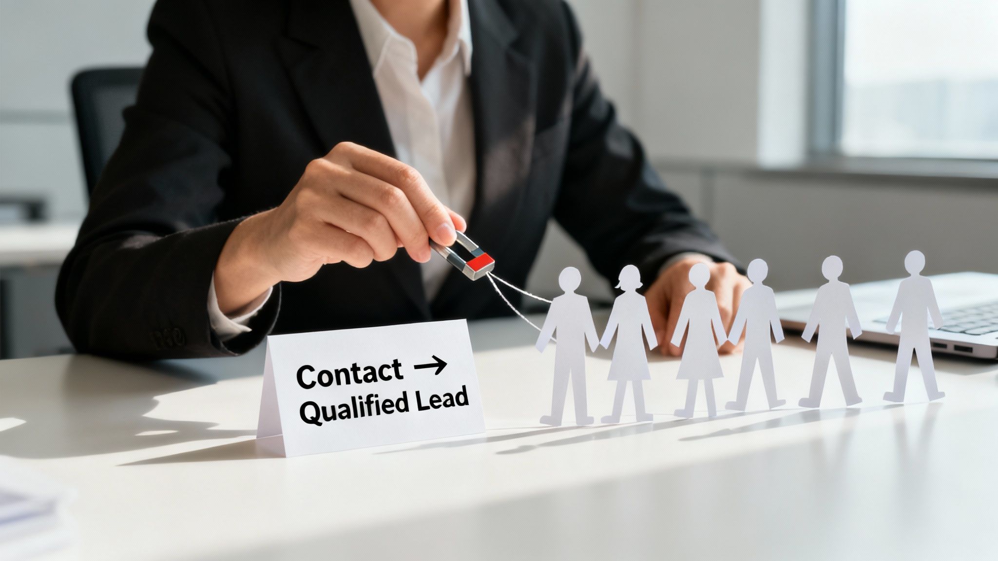 A modern real estate agent working at a desk, looking at a computer with property listings.