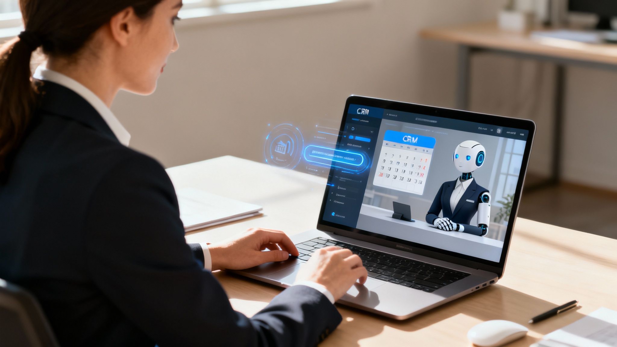 Real estate agent customising AI receptionist settings on a tablet.