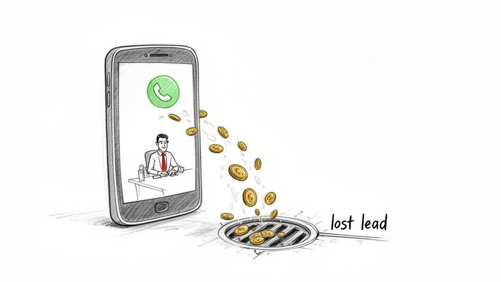 A smartphone shows a man on a call, with coins flowing out into a drain labeled 'lost lead'.